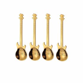 4Pcs Metal Guitar Spoon Flatware Set 18/10 Stainless Steel Guitar Spoons Creative Milk Coffee Spoon Ice Cream Candy Teaspoon (Color: Golden 4 Pcs)